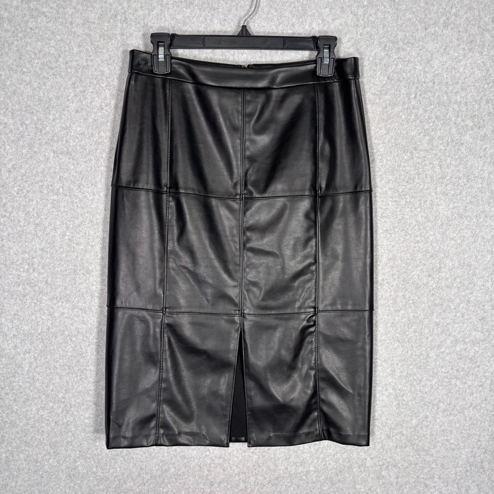 WHBM Faux Leather Patchwork Pencil Skirt 6 Black Front Slit Career Office Siren